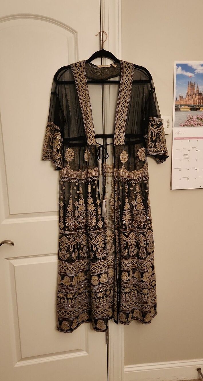 Soft Surroundings Sheer Black Kimono Robe w/ Gold Embroidery & Details Size PM